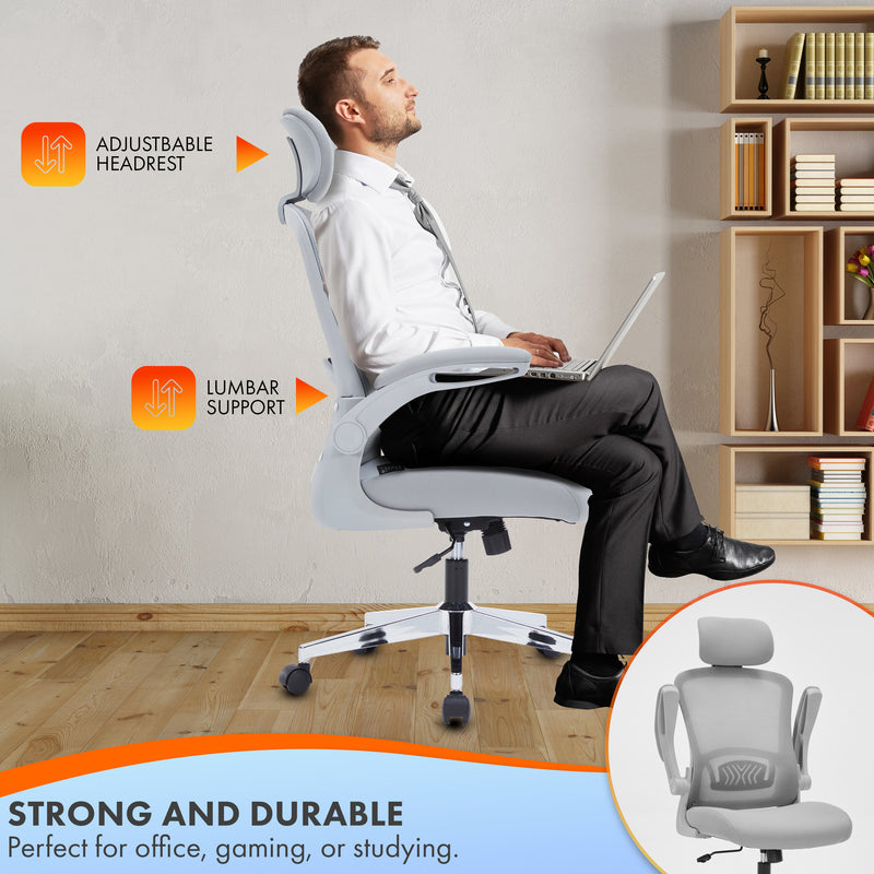 Nyxi Ergonomic Office Chair for Work, Computer Desk & Study, High Back Mesh Chair with Foldable Armrests (Grey, Model 751)