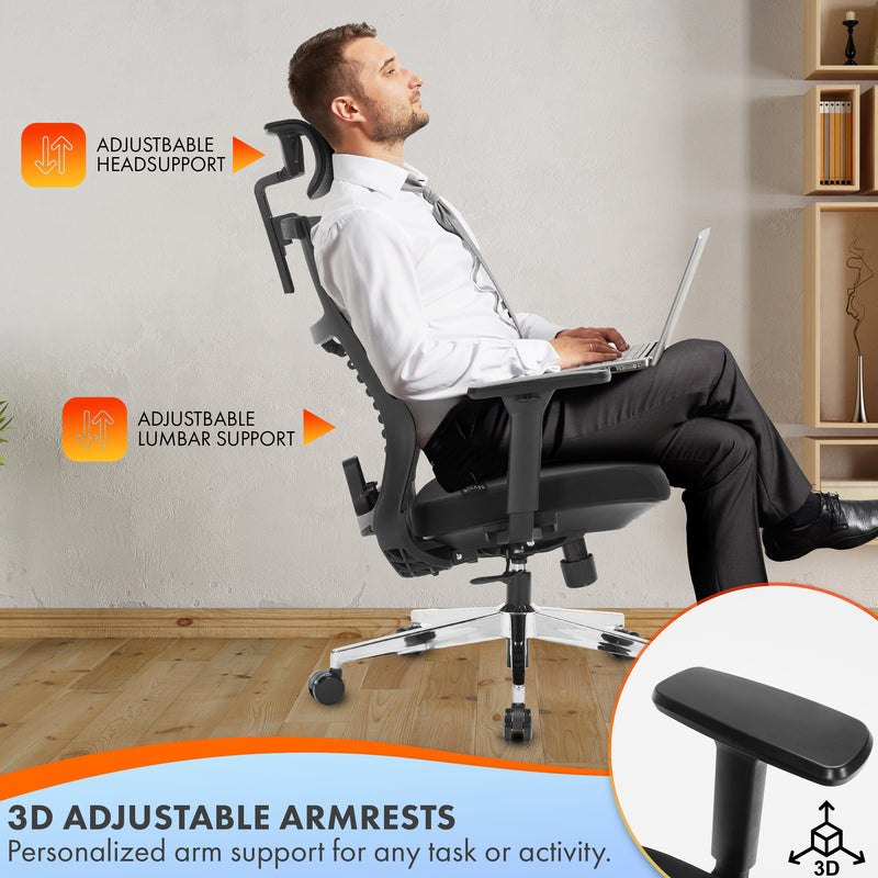 Nyxi Office Chair Premium Ergonomic Foam Seat, 3D Armrests, Headrest & Lumbar Support, 3-Angle Locking (Black)