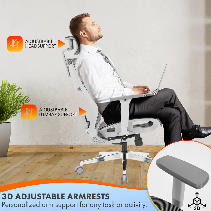 Nyxi Office Chair Premium Ergonomic Mesh Seat, 3D Armrests, Headrest & Lumbar Support, 3-Angle Locking (Grey)
