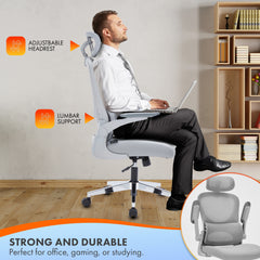 Nyxi Office Chair Ergonomic Computer Desk, Work & Study Chair, High Mesh Back, Foldable 3D Armrests (Grey, Model 775)