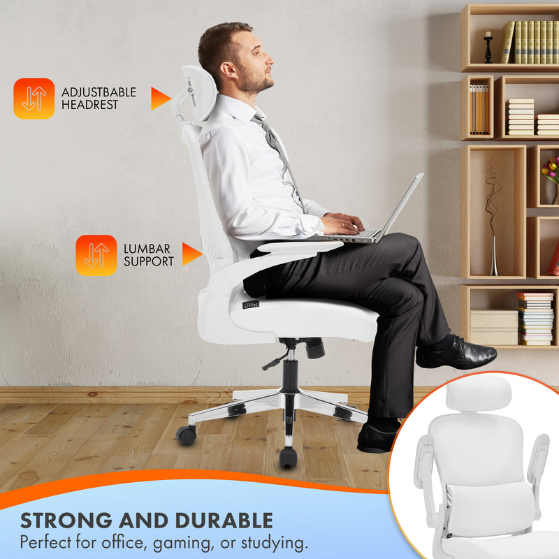 Nyxi Office Chair Ergonomic Computer Desk, Work & Study Chair, High Mesh Back, Foldable 3D Armrests (White, Model 782)