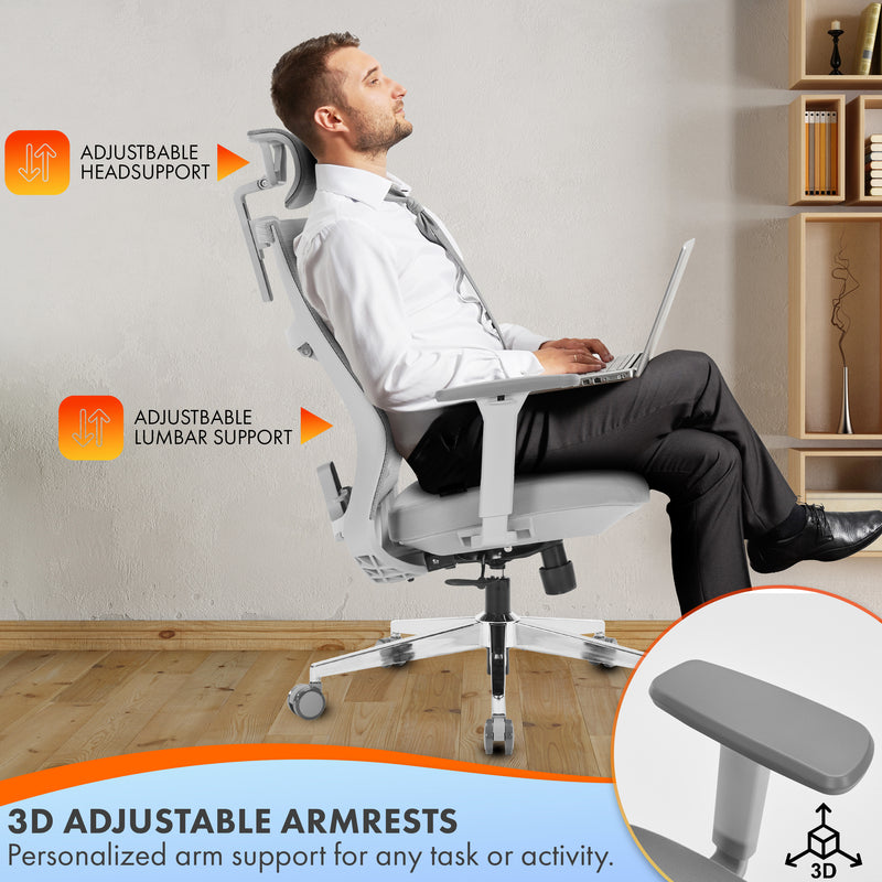 Nyxi Office Chair Premium Ergonomic Foam Seat, 3D Armrests, Headrest & Lumbar Support, 3-Angle Locking (Grey)