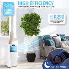 Nyxi 9000 BTU Portable Air Conditioner 3-in-1 AC, Cooling Fan & 24L/Day Dehumidifier, Remote Control, Window Kit, 24Hr Timer, Energy Class A