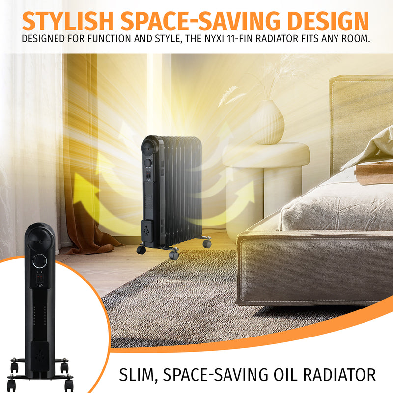 Nyxi 11-Fin Oil Filled 2500W Heater Radiator 3 Power Settings (Black, Model 3898)