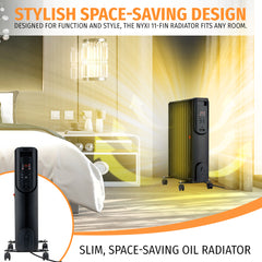 Nyxi 11-Fin Oil Filled Heater 2500W with Remote Control 3 Power Settings (Black, Model 3843)