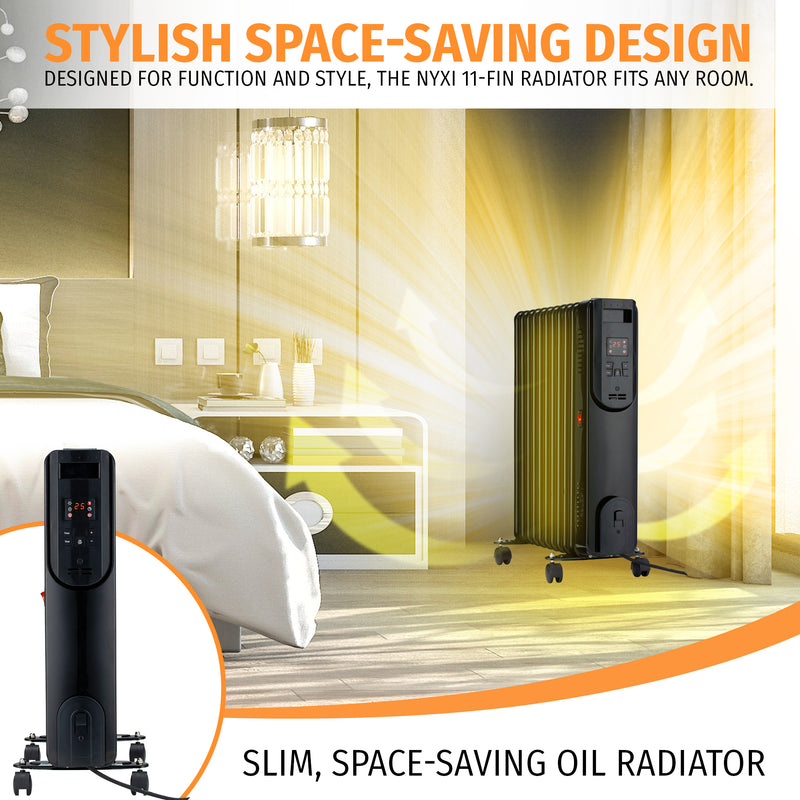 Nyxi 11-Fin Oil Filled Heater 2500W with Remote Control 3 Power Settings (Black, Model 3843)