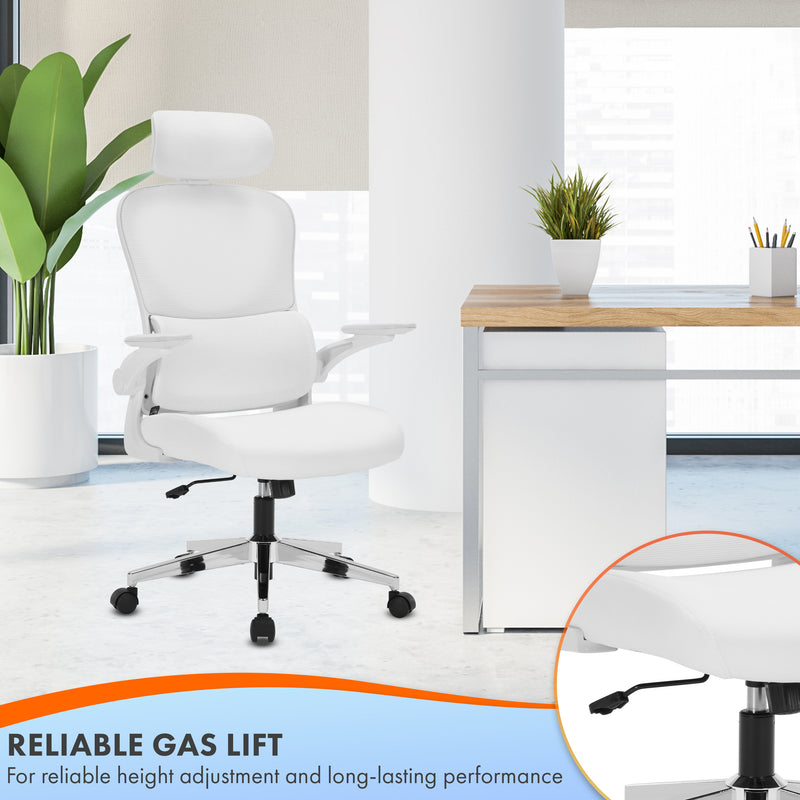 Nyxi Office Chair Ergonomic Computer Desk, Work & Study Chair, High Mesh Back, Foldable 3D Armrests (White, Model 782)
