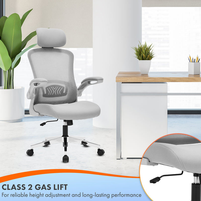 Nyxi Ergonomic Office Chair for Work, Computer Desk & Study, High Back Mesh Chair with Foldable Armrests (Grey, Model 751)