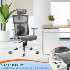 Nyxi Office Chair Premium Ergonomic Mesh Seat, 3D Armrests, Headrest & Lumbar Support, 3-Angle Locking (Grey)