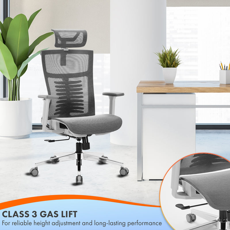 Nyxi Office Chair Premium Ergonomic Mesh Seat, 3D Armrests, Headrest & Lumbar Support, 3-Angle Locking (Grey)