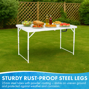 Nyxi 4ft Folding Table – Adjustable Height (56-74cm) White Top & Legs Sturdy, Waterproof & Portable