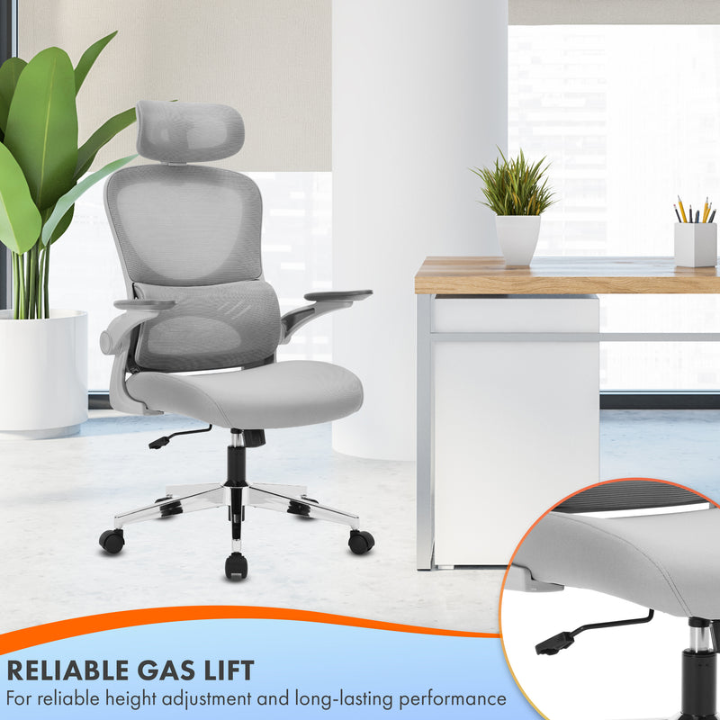 Nyxi Office Chair Ergonomic Computer Desk, Work & Study Chair, High Mesh Back, Foldable 3D Armrests (Grey, Model 775)