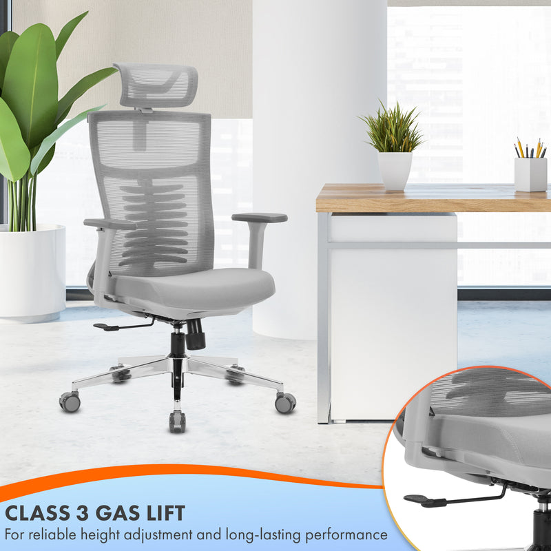 Nyxi Office Chair Premium Ergonomic Foam Seat, 3D Armrests, Headrest & Lumbar Support, 3-Angle Locking (Grey)