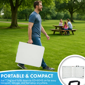 Nyxi 4ft Folding Table – Adjustable Height (56-74cm) White Top & Legs Sturdy, Waterproof & Portable