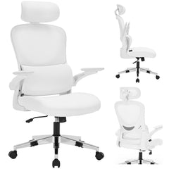 Nyxi Office Chair Ergonomic Computer Desk, Work & Study Chair, High Mesh Back, Foldable 3D Armrests (White, Model 782)