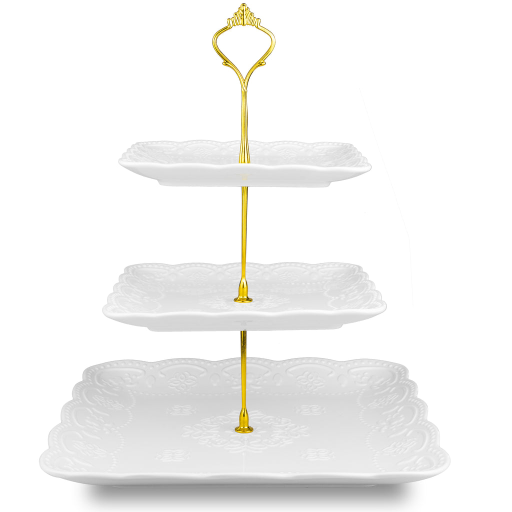 Square Ceramic 3 Tier Cake Stand with Gold Fittings