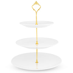Nyxi White Ceramic 3 Tier Cake Stand Round Display with New Gold Fittings