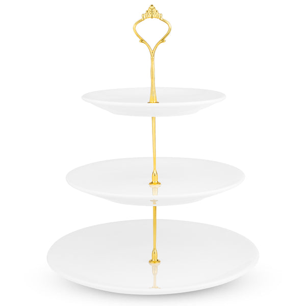 Nyxi White Ceramic 3 Tier Cake Stand Round Display with New Gold Fittings
