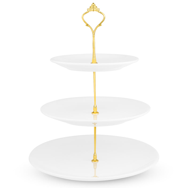 Nyxi White Ceramic 3 Tier Cake Stand Round Display with New Gold Fittings