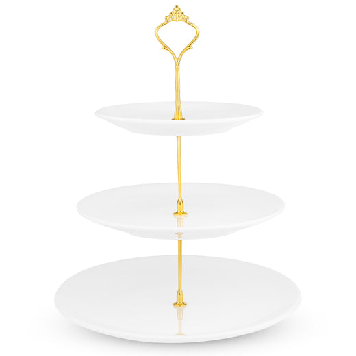 Nyxi White Ceramic 3 Tier Cake Stand Round Display with New Gold Fittings
