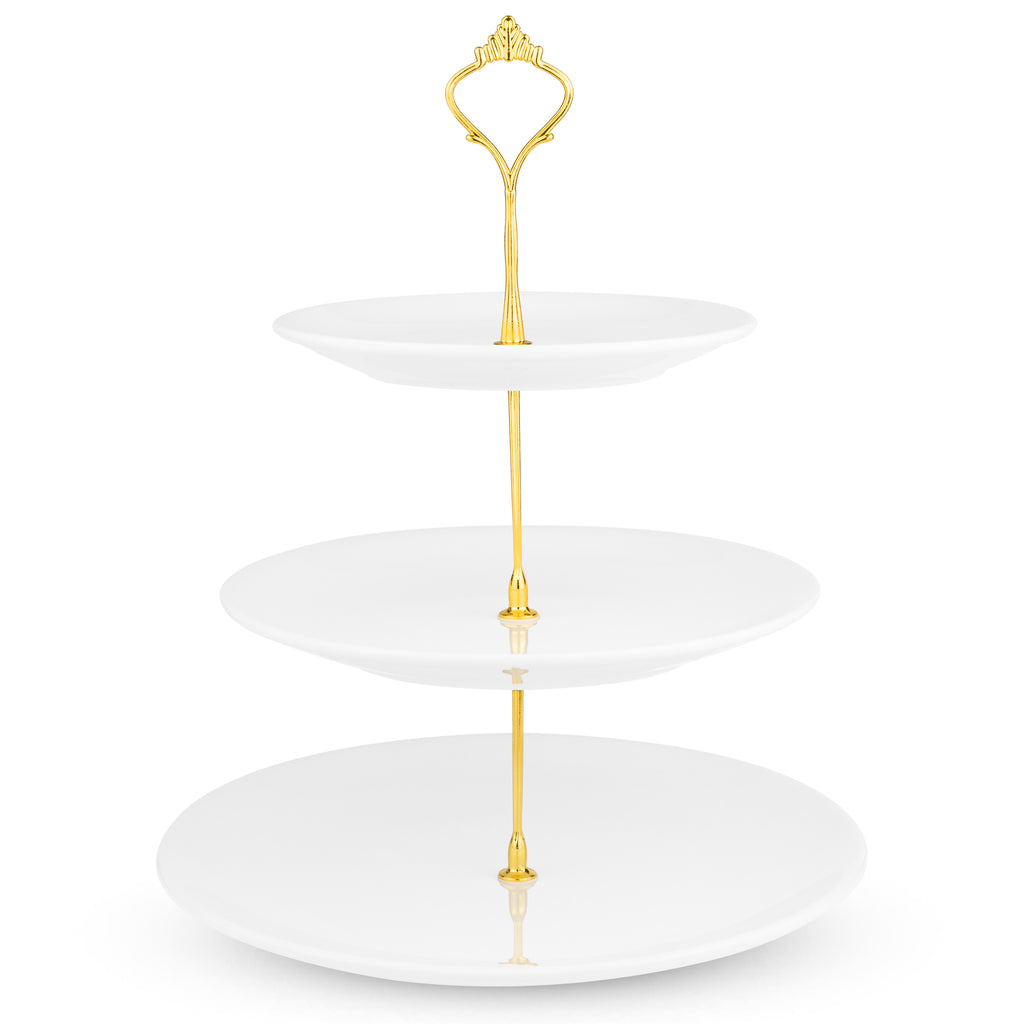 White Ceramic 3 Tier Cake Stand Round Display with New Gold Fittings