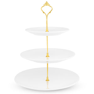 White Ceramic 3 Tier Cake Stand Round Display with New Gold Fittings