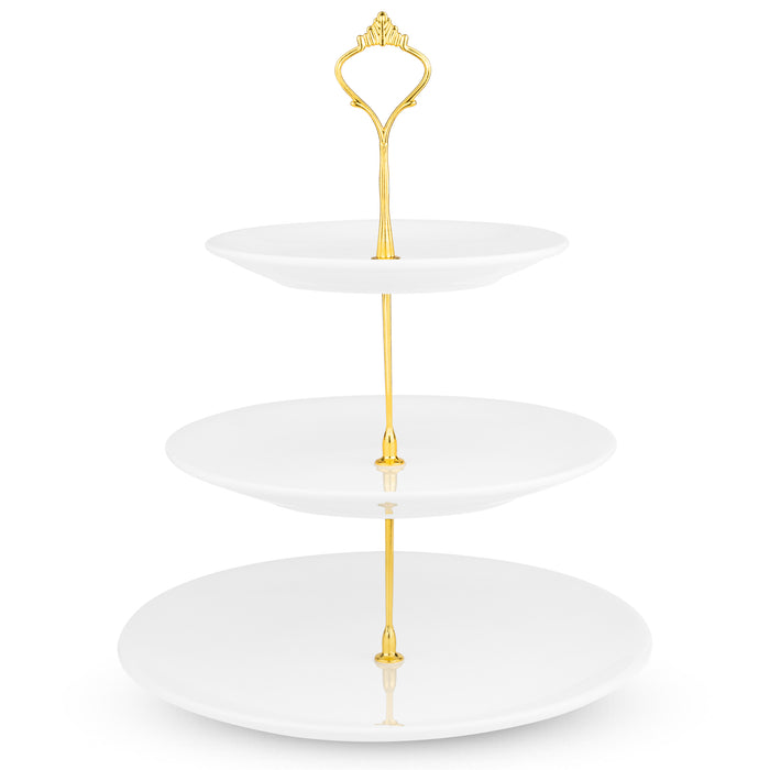 White Ceramic 3 Tier Cake Stand Round Display with New Gold Fittings