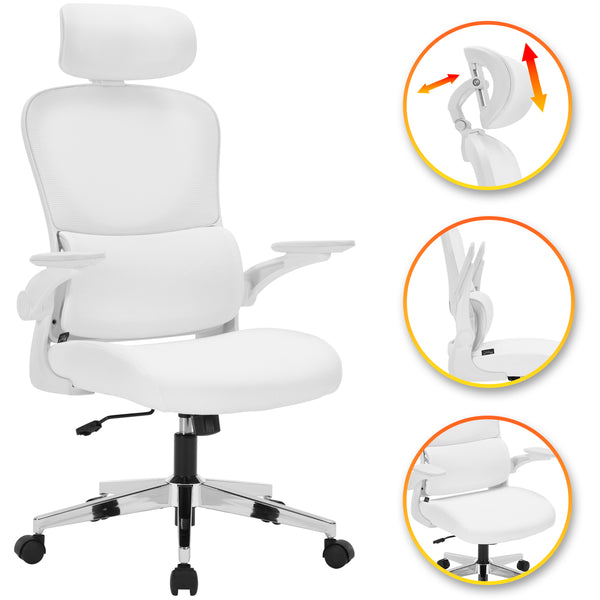 Nyxi Office Chair Ergonomic Computer Desk, Work & Study Chair, High Mesh Back, Foldable 3D Armrests (White, Model 782)