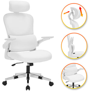 Office Chair Ergonomic Computer Desk, Work & Study Chair, High Mesh Back, Foldable 3D Armrests (White, Model 782)