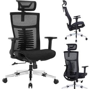 Office Chair Premium Ergonomic Mesh Seat, 3D Armrests, Headrest & Lumbar Support, 3-Angle Locking (Black)