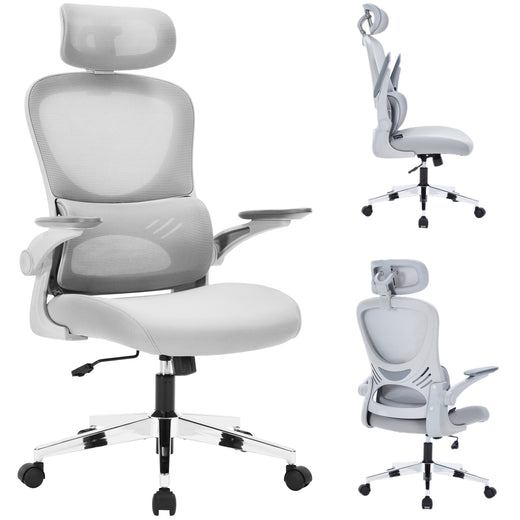 Nyxi Office Chair Ergonomic Computer Desk, Work & Study Chair, High Mesh Back, Foldable 3D Armrests (Grey, Model 775)