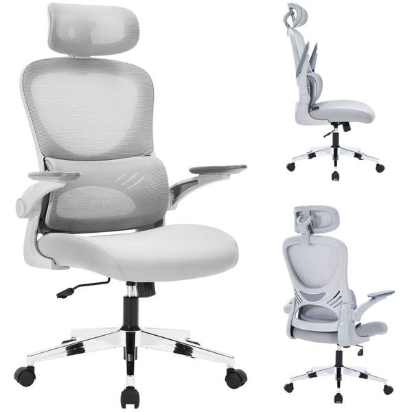 Nyxi Office Chair Ergonomic Computer Desk, Work & Study Chair, High Mesh Back, Foldable 3D Armrests (Grey, Model 775)