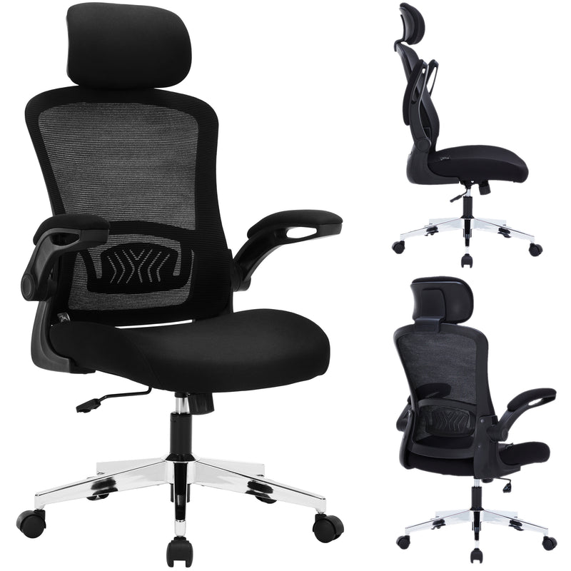Nyxi Ergonomic Office Chair for Work, Computer Desk & Study, High Back Mesh Chair with Foldable Armrests (Black, Model 744)