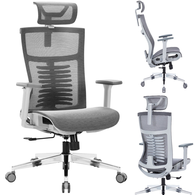 Nyxi Office Chair Premium Ergonomic Mesh Seat, 3D Armrests, Headrest & Lumbar Support, 3-Angle Locking (Grey)