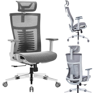 Office Chair Premium Ergonomic Mesh Seat, 3D Armrests, Headrest & Lumbar Support, 3-Angle Locking (Grey)