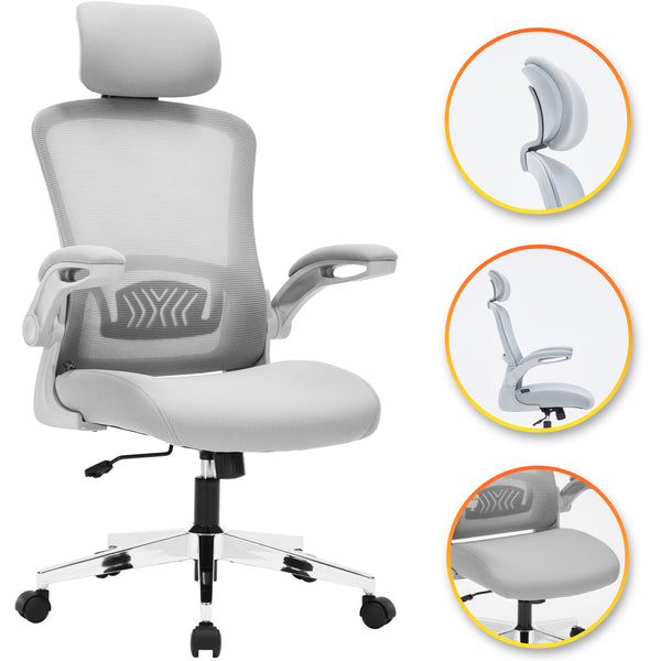Nyxi Ergonomic Office Chair for Work, Computer Desk & Study, High Back Mesh Chair with Foldable Armrests (Grey, Model 751)