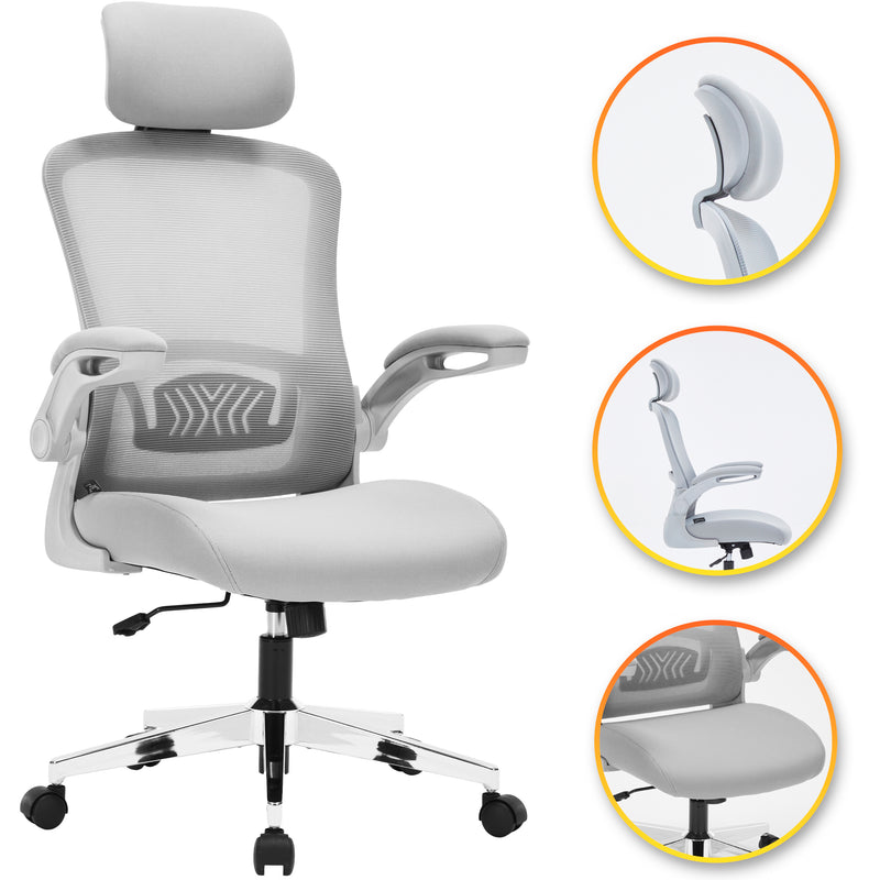 Nyxi Ergonomic Office Chair for Work, Computer Desk & Study, High Back Mesh Chair with Foldable Armrests (Grey, Model 751)