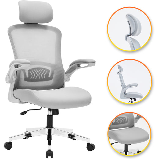 Nyxi Ergonomic Office Chair for Work, Computer Desk & Study, High Back Mesh Chair with Foldable Armrests (Grey, Model 751)
