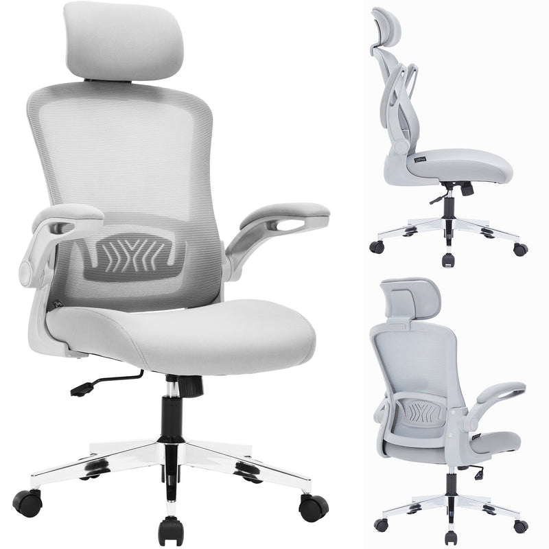 Nyxi Ergonomic Office Chair for Work, Computer Desk & Study, High Back Mesh Chair with Foldable Armrests (Grey, Model 751)
