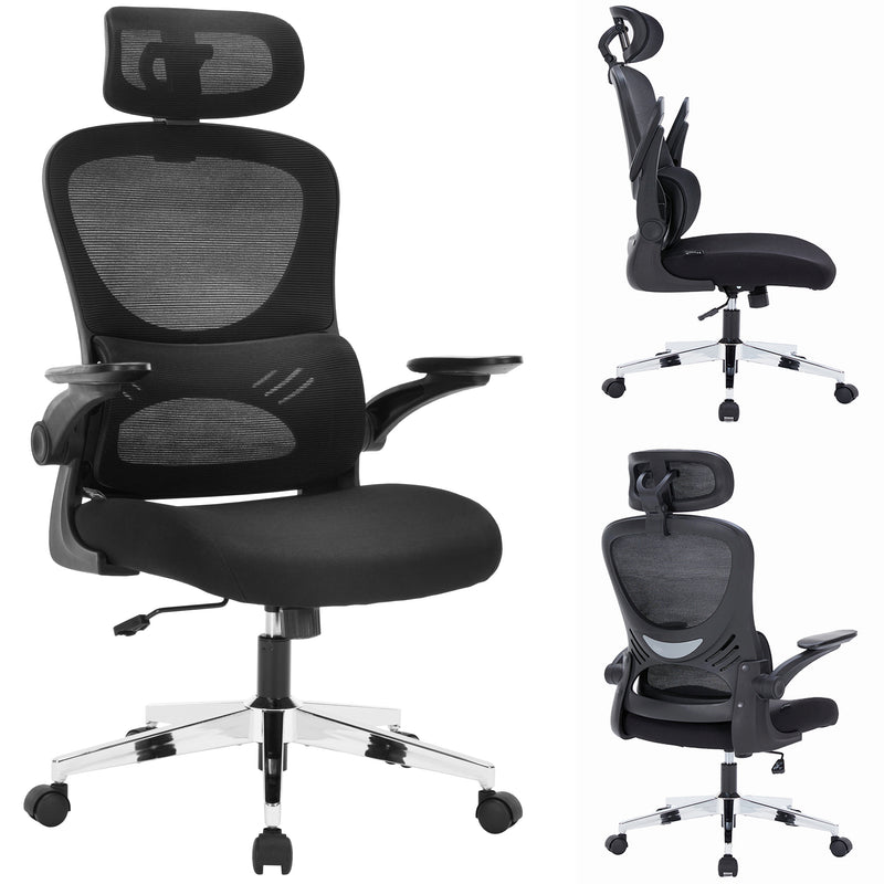 Nyxi Office Chair Ergonomic Computer Desk, Work & Study Chair, High Mesh Back, Foldable 3D Armrests (Black, Model 768)