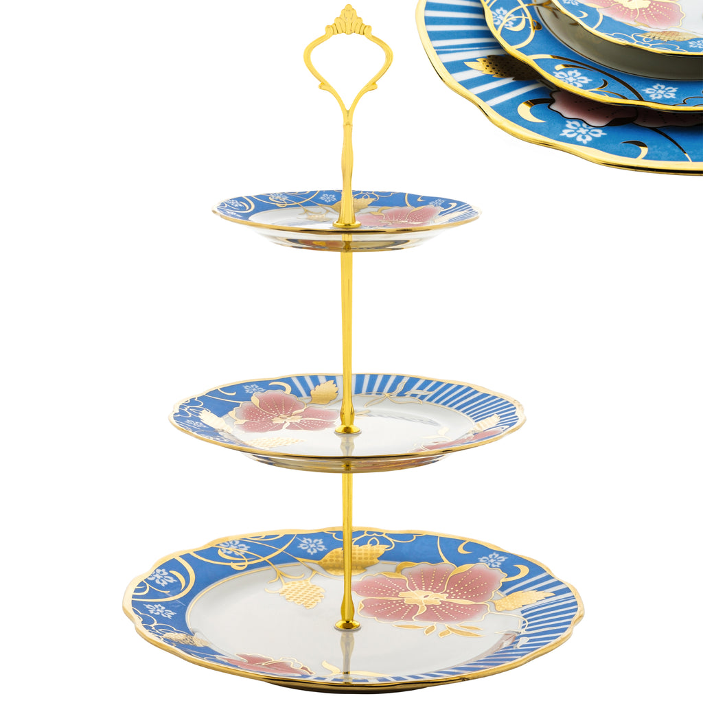 Ceramic 3 Tier Floral Cake Stand (Blue)