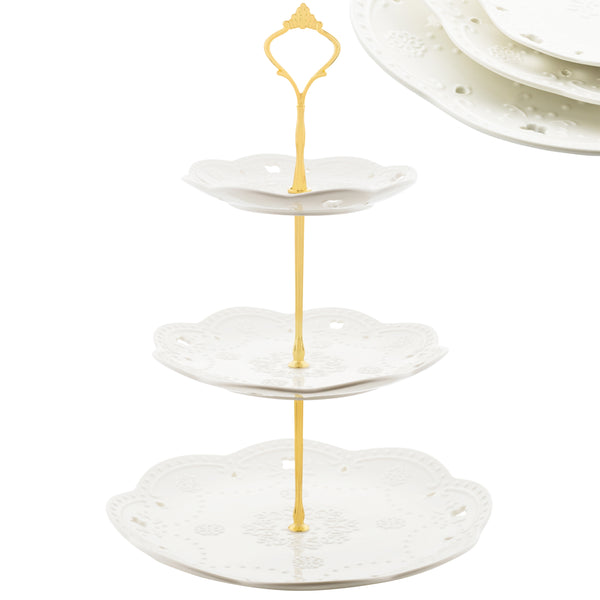 Nyxi 3 Tier Cake Stand White Ceramic Round Plates - Gold Fittings & Gift Box