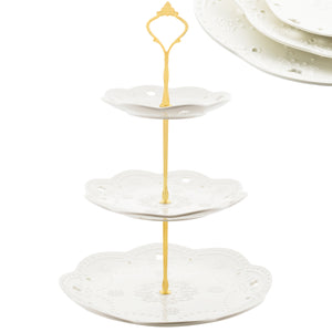 3 Tier Cake Stand White Ceramic Round Plates - Gold Fittings & Gift Box