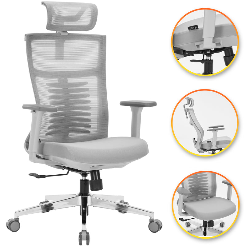 Nyxi Office Chair Premium Ergonomic Foam Seat, 3D Armrests, Headrest & Lumbar Support, 3-Angle Locking (Grey)