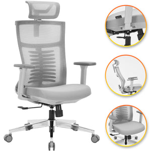 Office Chair Premium Ergonomic Foam Seat, 3D Armrests, Headrest & Lumbar Support, 3-Angle Locking (Grey)