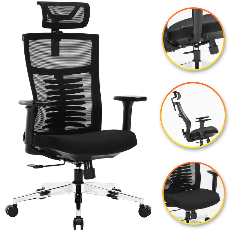 Nyxi Office Chair Premium Ergonomic Foam Seat, 3D Armrests, Headrest & Lumbar Support, 3-Angle Locking (Black)