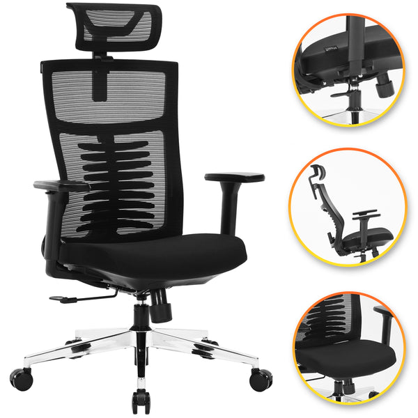 Nyxi Office Chair Premium Ergonomic Foam Seat, 3D Armrests, Headrest & Lumbar Support, 3-Angle Locking (Black)
