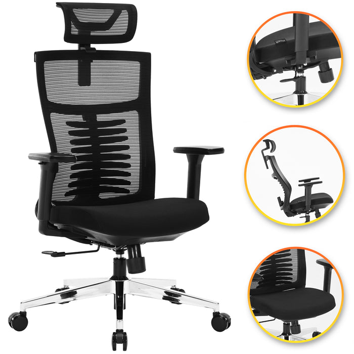 Office Chair Premium Ergonomic Foam Seat, 3D Armrests, Headrest & Lumbar Support, 3-Angle Locking (Black)