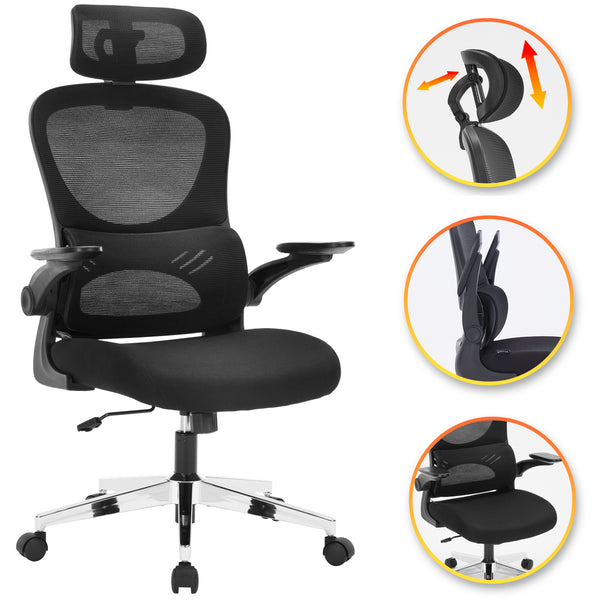 Nyxi Office Chair Ergonomic Computer Desk, Work & Study Chair, High Mesh Back, Foldable 3D Armrests (Black, Model 768)