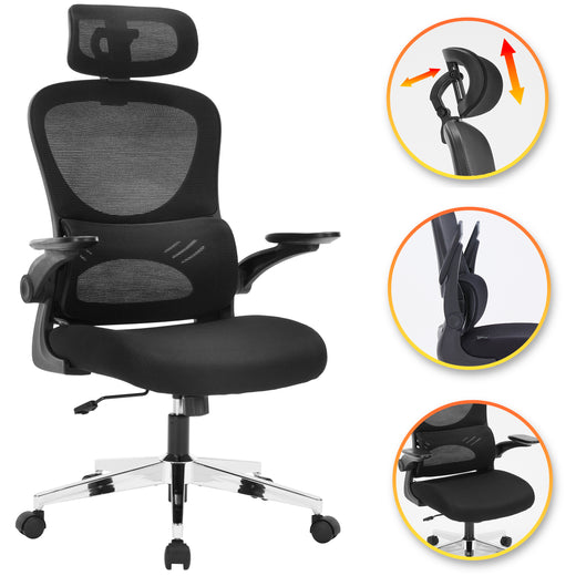 Nyxi Office Chair Ergonomic Computer Desk, Work & Study Chair, High Mesh Back, Foldable 3D Armrests (Black, Model 768)
